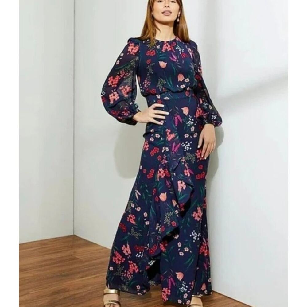 Eliza J Navy Floral Maxi Dress with Pink & Red Blooms